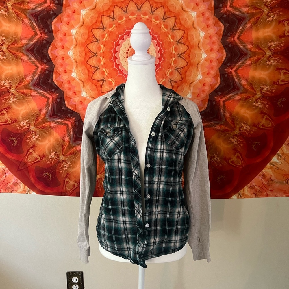 Plaid Button-Up Shirt with Gray Sleeves